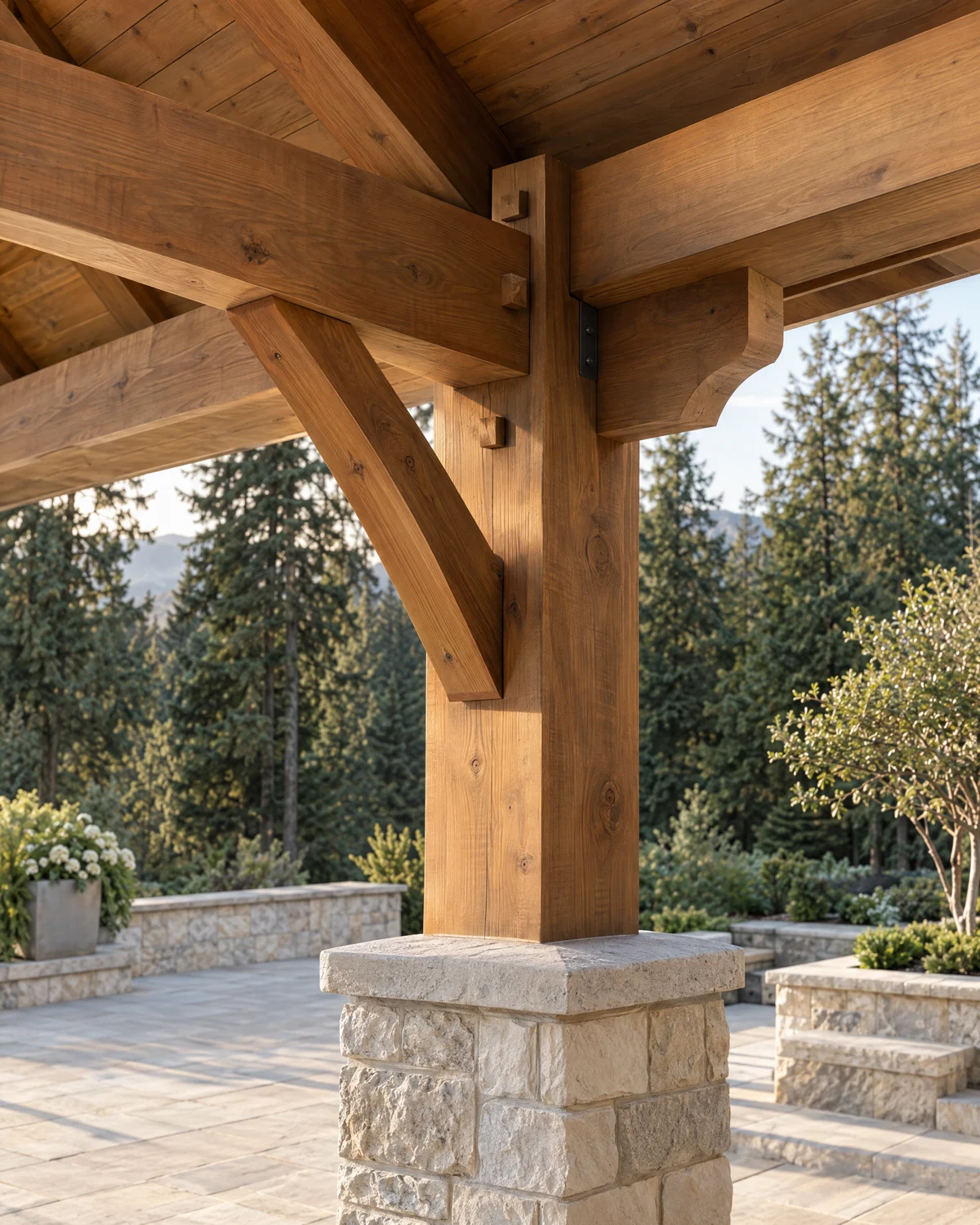 Illustrative craftsmanship inspiration: exposed timber pavilion joinery and a limestone post base